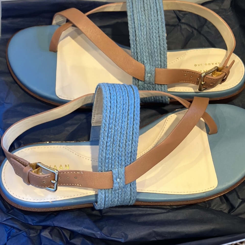 Cole Haan Anica Thong Sandal Women's Blue Straw-Pecan Leather Size 7 Flip Flop - Picture 2 of 8